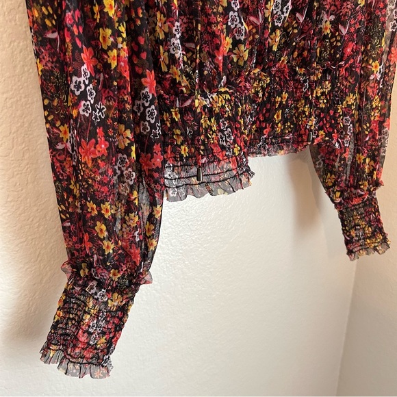 Free People Women’s Twyla Smocked Cropped Black Floral Sheer Blouse Top, Large - Picture 6 of 9
